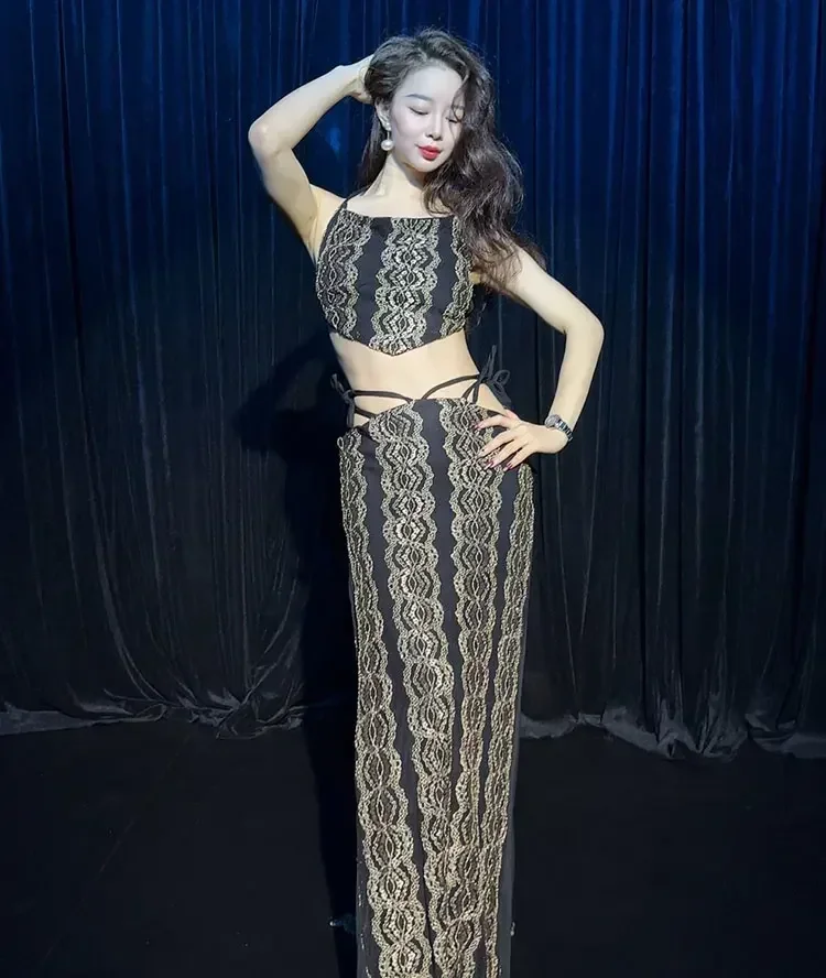 新しいベリーダンスプリントベストトップ+タイアップロングスカート女性用大人のパフォーマンスセットエレガントなスプリット競技練習セット