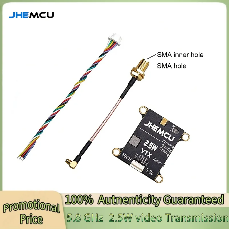 

JHEMCU 2.5W VTX 5.8G 40CH Adjustable FPV Transmitter Built-in Microphone Heat Sink 2-6S 30X30mm for RC Airplane FPV Long Range