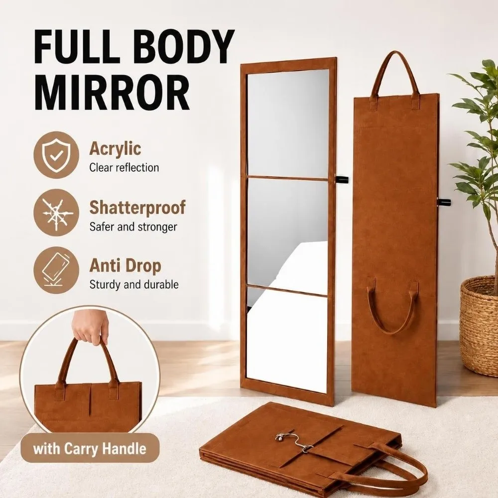 Foldable Full Body Mirror Wall-Mounted Anti Drop Travel Mirror Multifunctional Shatterproof Portable Vanity Mirror Camping