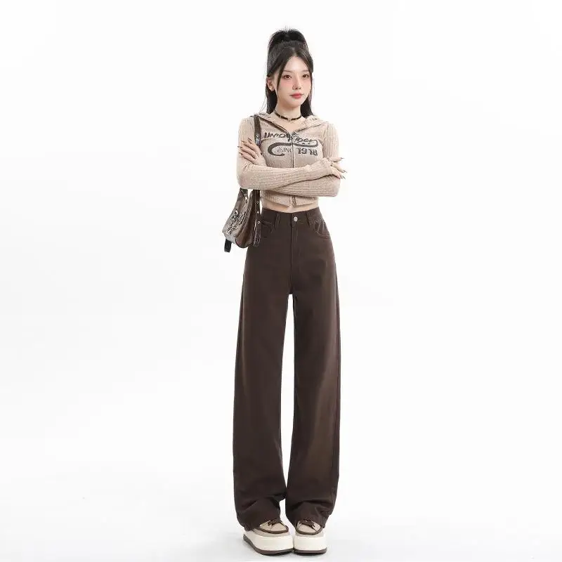 

High Waist Wide Leg Jeans Deep Coffee Color Women's Casual Style Patchwork mid Stretch Comfortable Fit High Waist Jeans