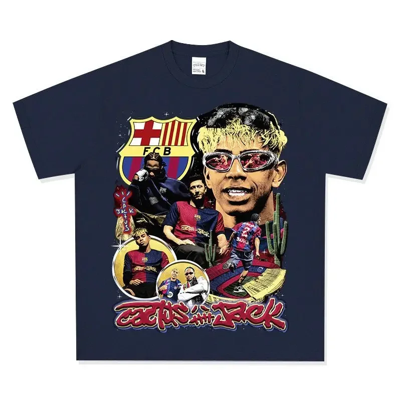 Colección de camisetas de fútbol Barcelona Color negro azul marino con retrato de jugador Diseño Popeye Crack Jack Texto Algodón unisex