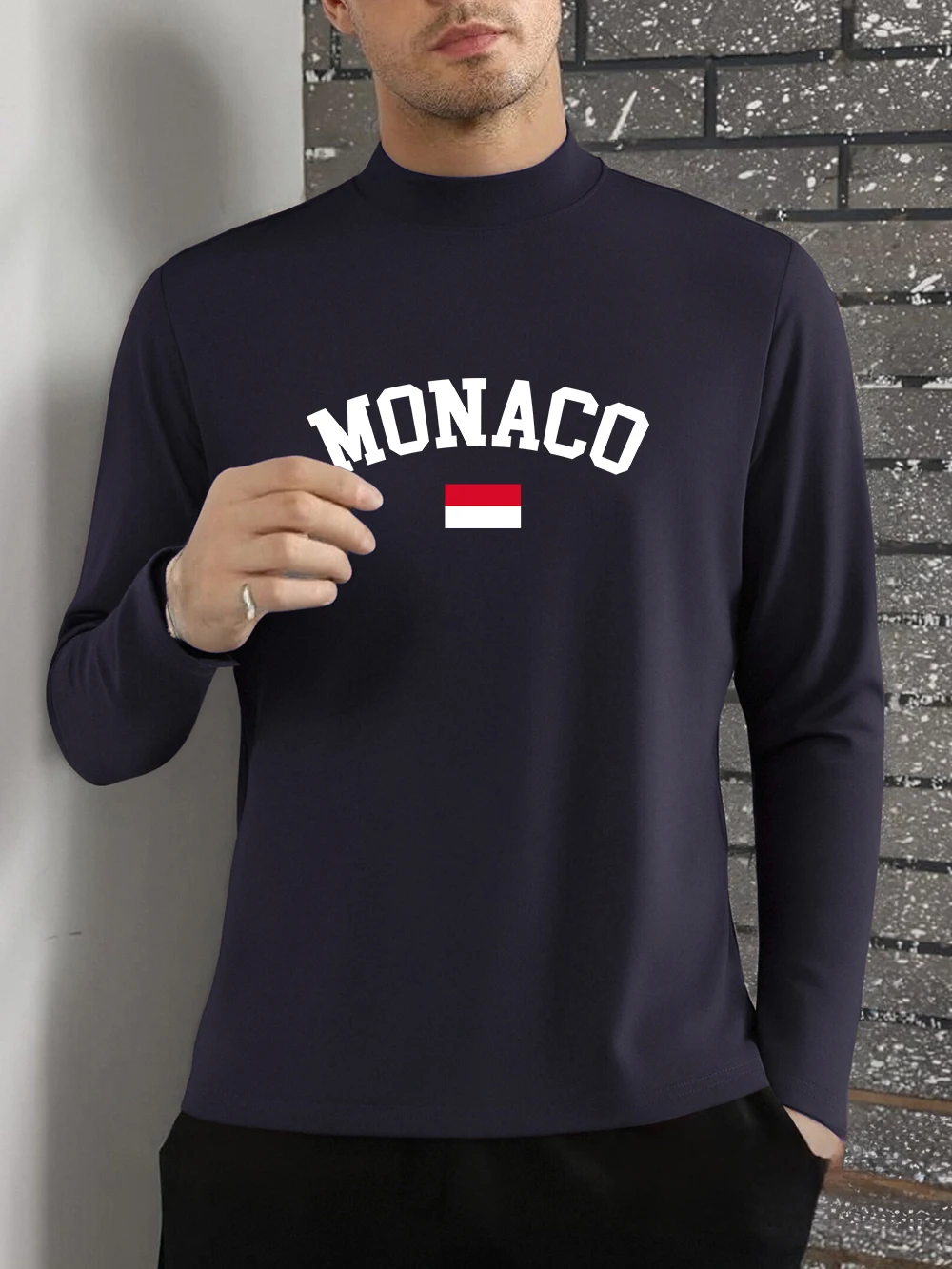 موناكو العلم الطباعة تي شيرت الرجال الخريف طويلة الأكمام قاع قميص دافئ نصف الياقة المدورة سليم صالح القمم الأساسية ملابس رجالي
