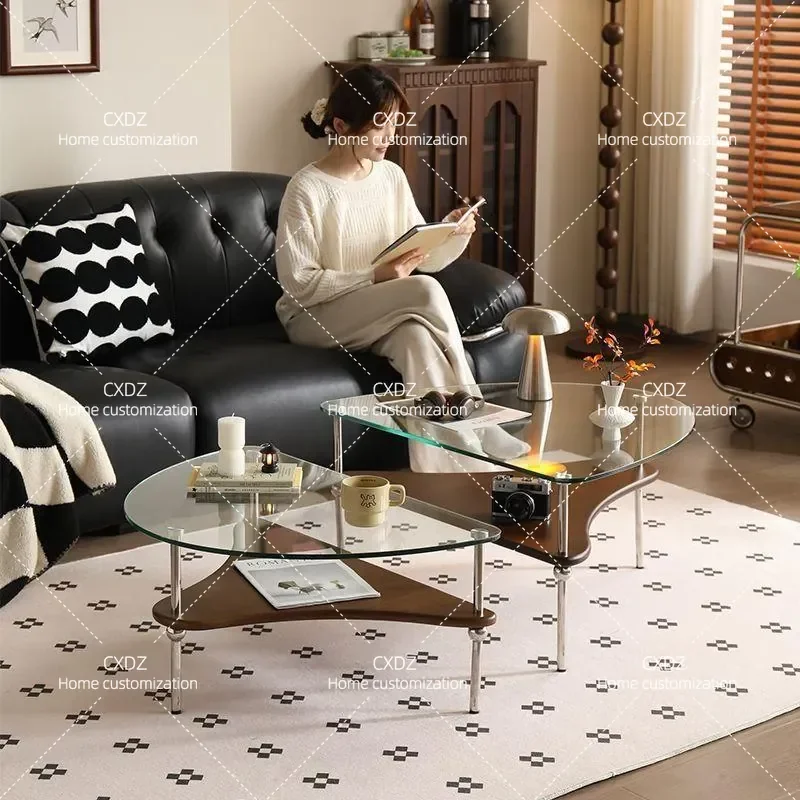 Stainless steel silver wing combination coffee table simple double glass coffee table living room art low table small