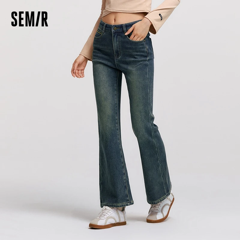 Semir Jeans Women Hong Kong Style Fleece Long Pants 2024 New Winter Leg-Lengthening Flare Pants Simple