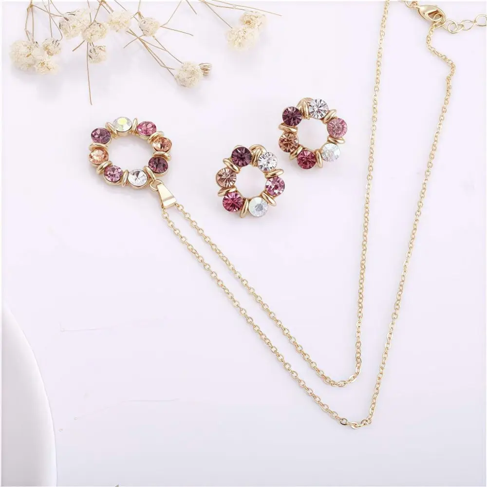 3pcs Gold Color Necklace Earrings Set Simple Style Glass Diamond Earring Jewelry Sets Circle Shape Design Exquisite Stained