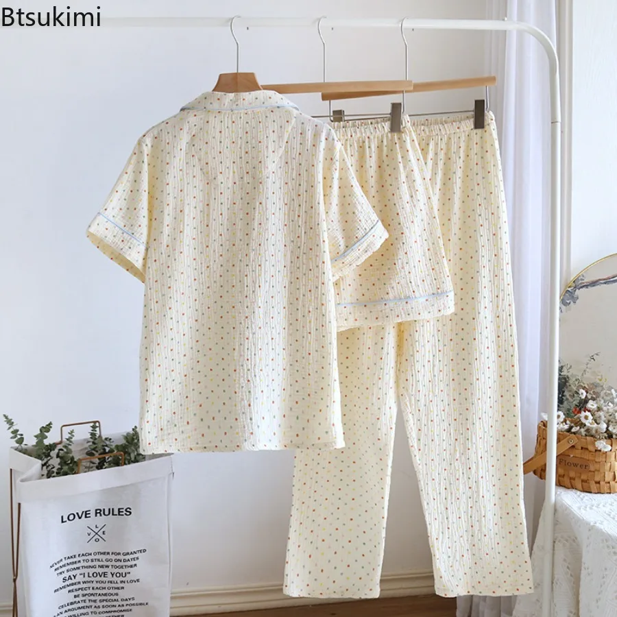 New Summer Pure Cotton Sleepwear Clothes for Women Three Piece Pyjama Set Rustic Style Polka Dot Short Sleeved Thin Home Clothes