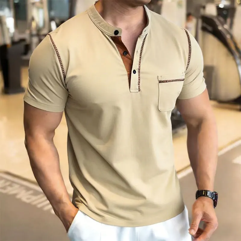 New Summer Men's Henry Collar Short Sleeve Golf Polo Shirt Personality Pocket Style Casual Breathable Sports Street Fashion Top - view 4