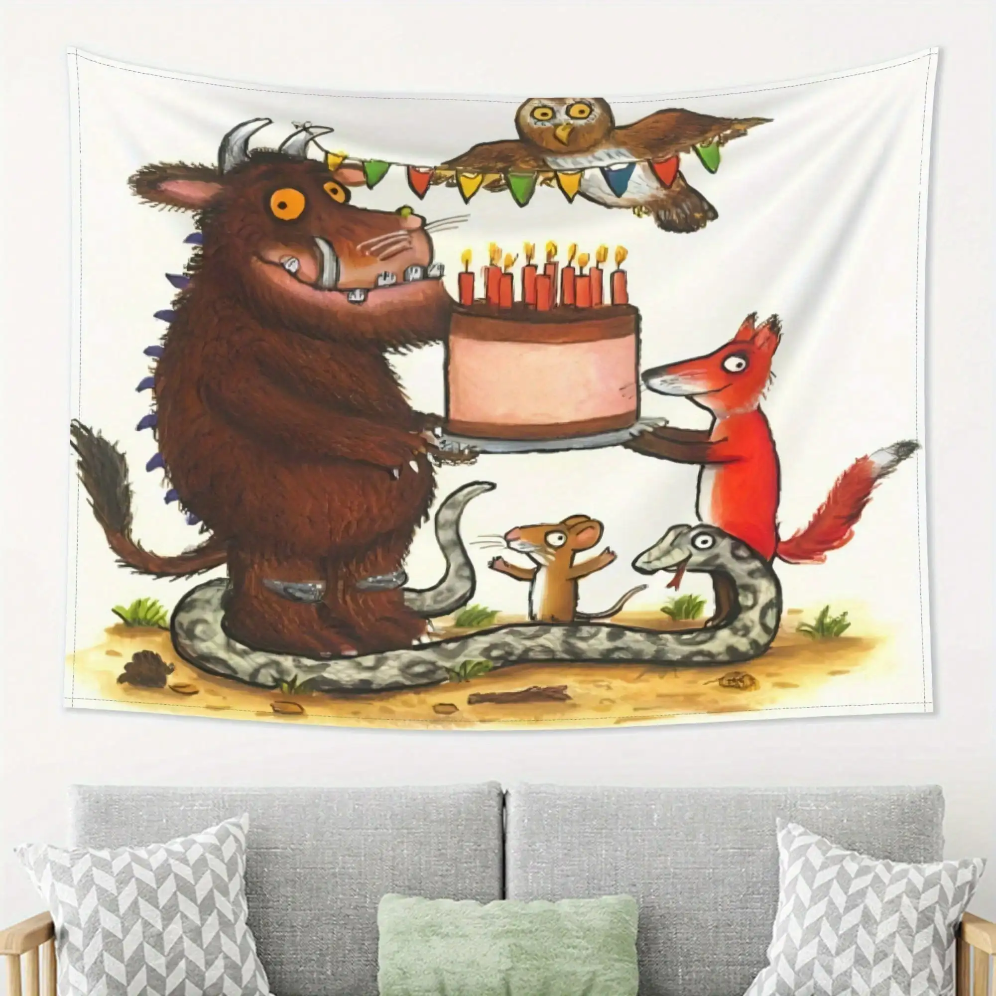 Gruffalo Birthday Party Tapestry - Cartoon Monster & Forest Friends Wall Hanging, Kids Room Decor, Multiple Sizes