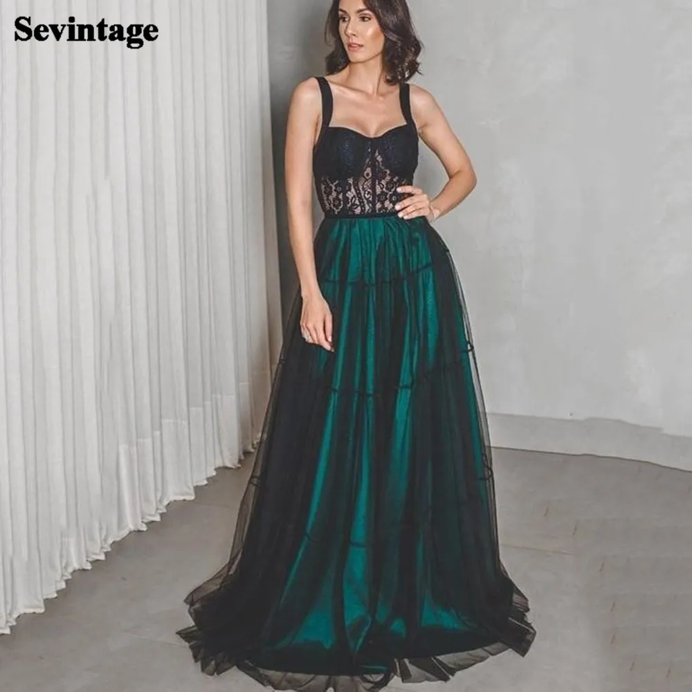 

Sevintage A Line Green Black Lace Prom Dresses Formal Party Dress Fitted Bones Spaghetti Strap Floor Length Women Evening Gowns