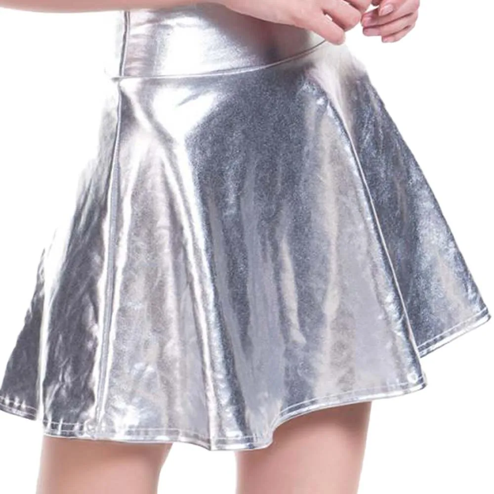 New Skater Metalic Pleated Skirt Shiny High Waist Gold Silver Nightclub Stage Performance Clothes Fashion Gowns A-Line Dresses