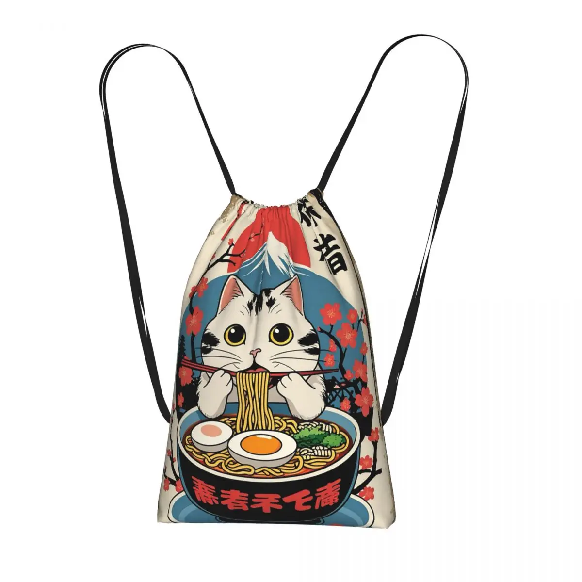 

An Adorable Cat Relishing A Bowl Of Ramen Backpacks Casual Drawstring Bundle Pocket Sports Bag Book Bags for Man Woman Students