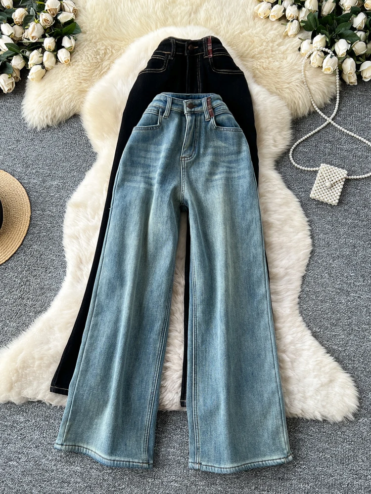 

Korean Sle High Waist Wide Leg Jeans Women's Loose Slim Straight Retro Faded Pants Casual Faion Winter Collection