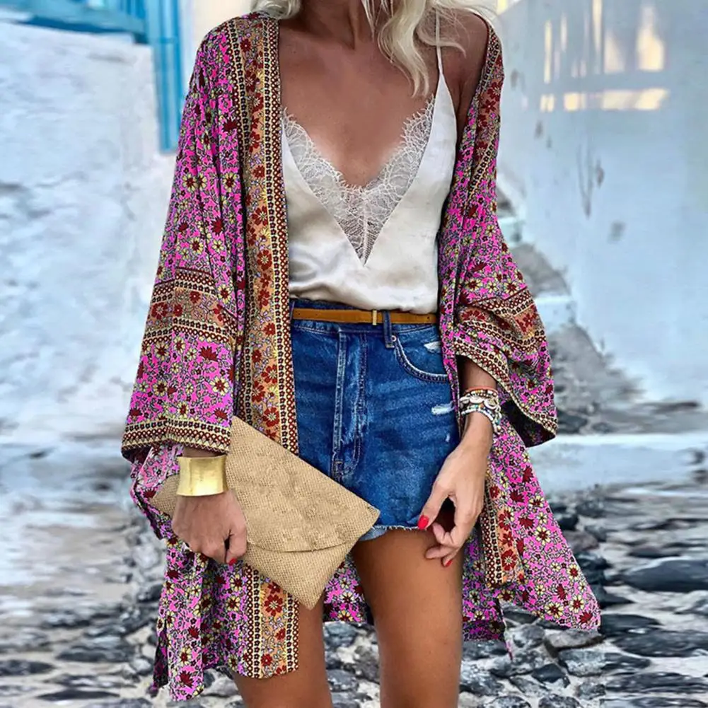 Boho Cardigan Quick Drying Skin-touch Anti-shrink Summer Open Front Bohemian Floral Printed Shirt Summer Cardigan Simple