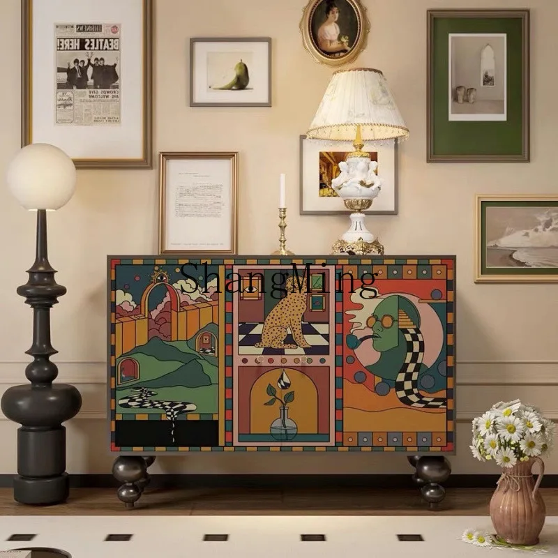 

FG retro light luxury living room home solid wood dining side cabinet modern simple kitchen storage storage cabinet