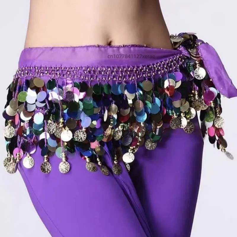 Belly Dance Waist Chain Chiffon Three Layer Wave Beginner Waist Scarf Square Dance Costume Hip Scarf Performance Gold Coin Belt