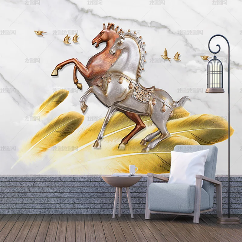 custom Modern fashion light luxury 3D three dimensional gold feather to success horse wallpaper bedroom sofa background wall 8d