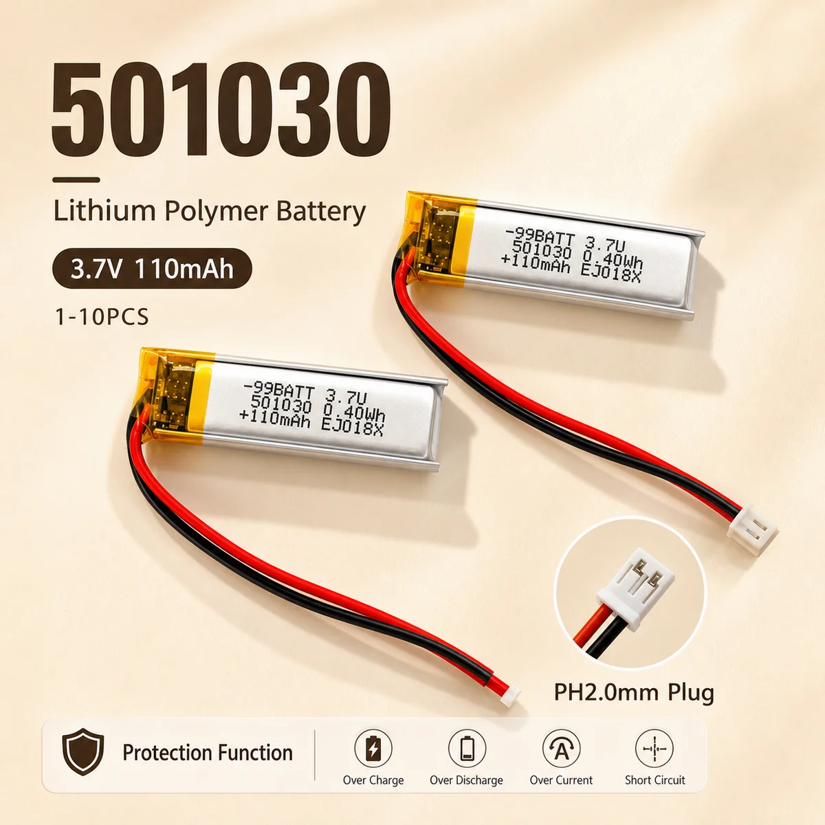Rechargeable 501030 LiPo Battery 110mAh 3.7V Lithium Polymer Cell for TWS Bluetooth Headset Induction Pen LED GPS