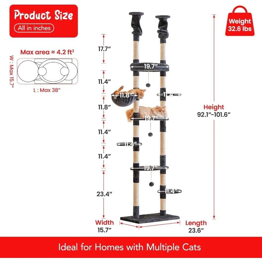 Albero per gatti dal pavimento al soffitto Torre per gatti Altezza regolabile 92-102 pollici 234-258 cm Albero da arrampicata per gatti a 7 livelli con piattaforme amaca