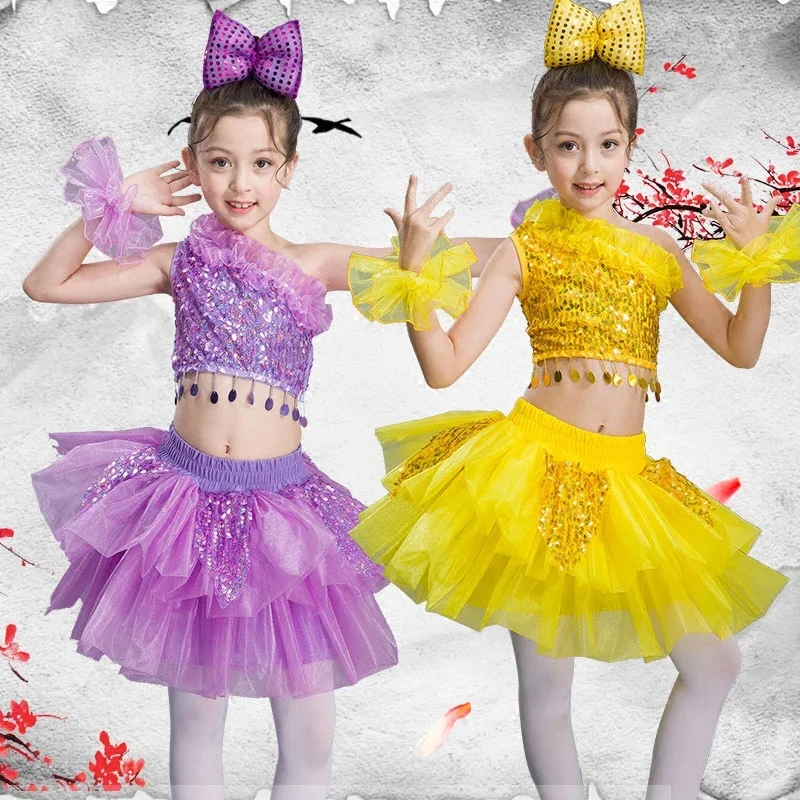 Traje de palco de dança infantil para meninas, trajes modernos de dança jazz, roupas de lantejoulas para salsa, trajes de dança contemporânea