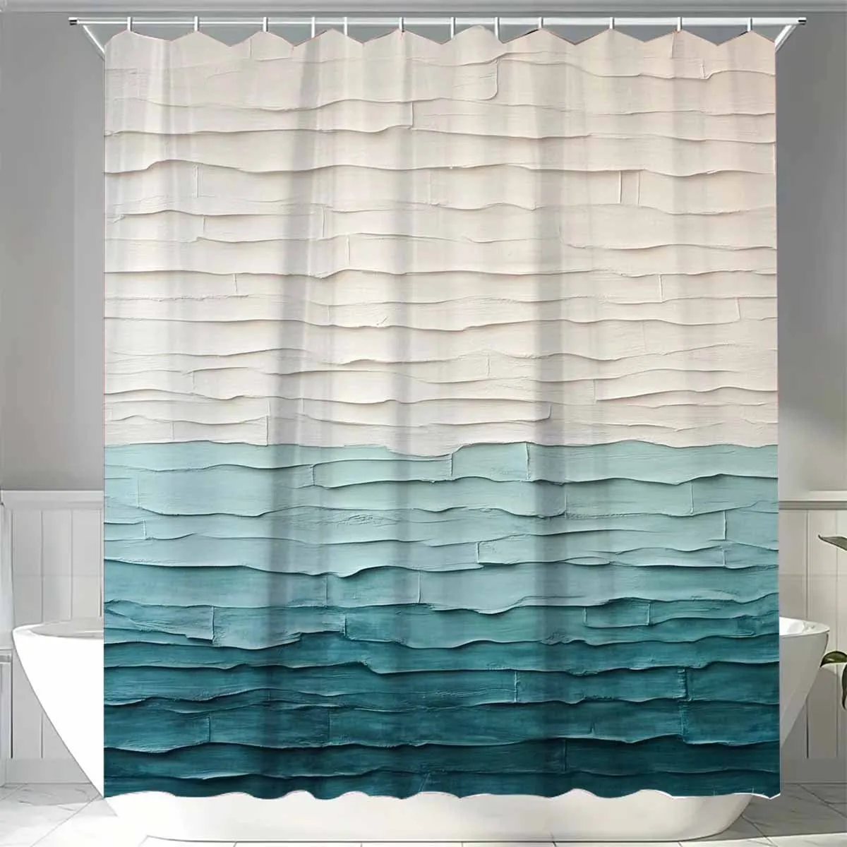 A Modern Ombre Shower Curtain: Elevate Your Bathroom with This Stunning Design Featuring a Gradient of Soft Beige to Deep Teal