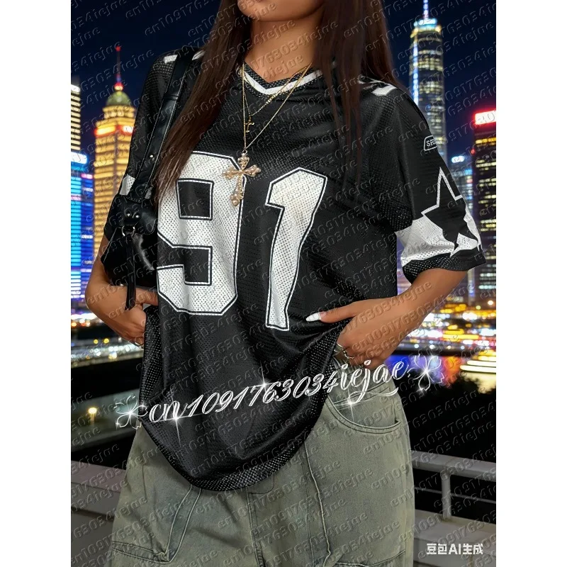 Summer New Black Speed 91 Print T-Shirt for Women Kid V-Neck Patchwork Short Sleeve Sports Football Jersey Loose Oversized Tops