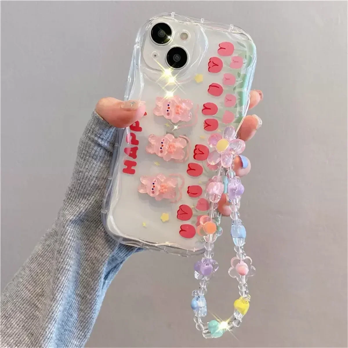 Korean 3D Bear Flower Phone Chain Lanyard Clear Soft Case for Samsung S24 S22 Ultra S20 S21FE S23 Plus A55 A54 A53 A52 A35 Cover