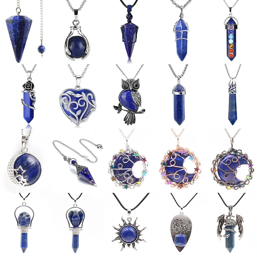 Natural Lapis Lazuli Crystal Stone Pendant Reiki Healing Hexagon Tree of Life Moon Wire Wrapped Pendant Pendulum Jewelry