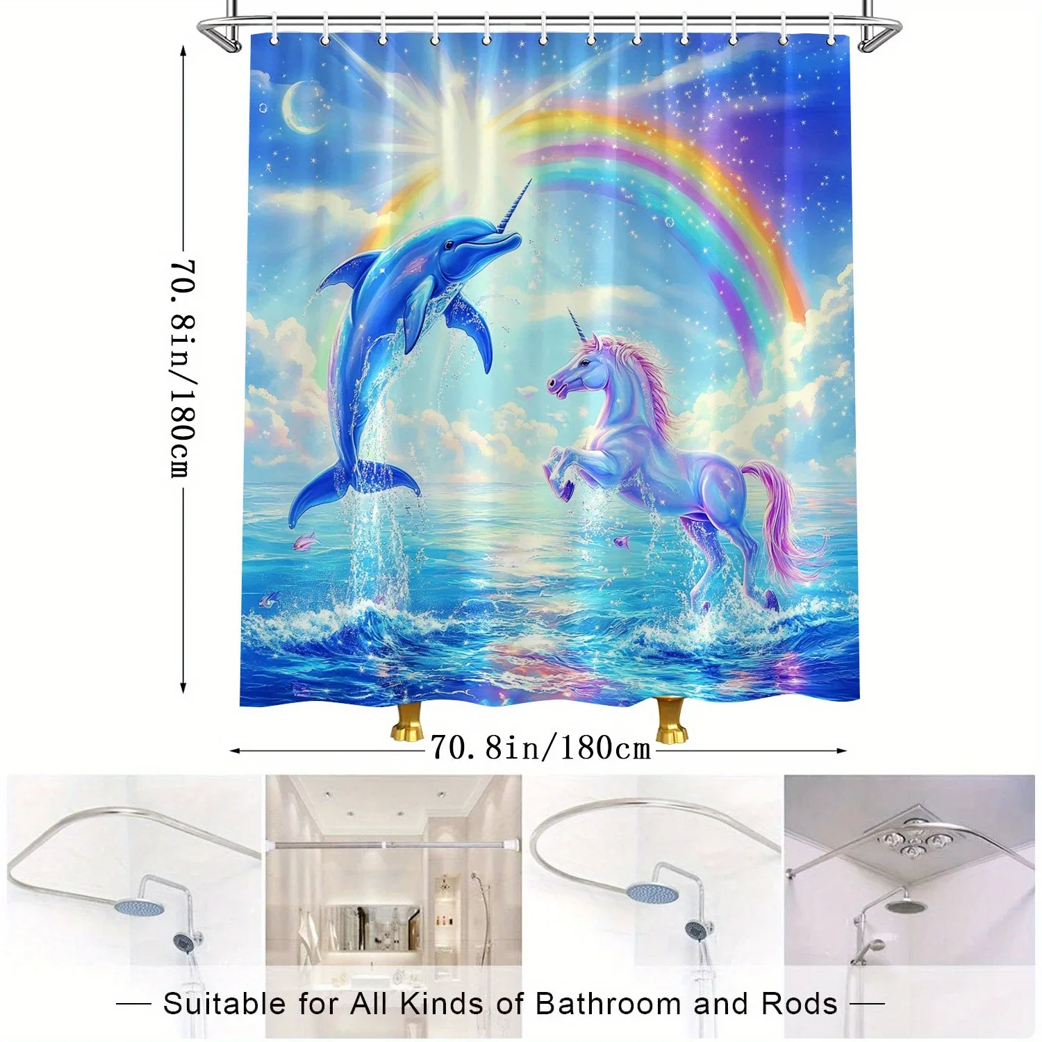 ستارة دش مخلوقات سحرية - يونيكورن ودولفين، رينبو دريم لاند، نمط ألوان مائية، بوليستر مقاوم للماء