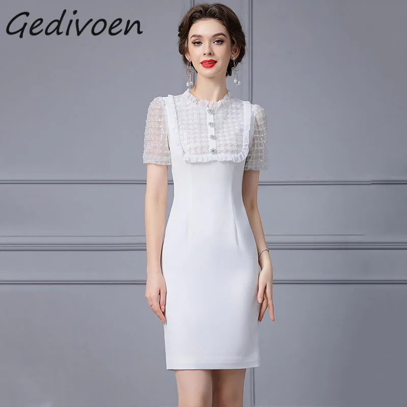 

Gedivoen Summer Fashion Runway Elegant Dress Women's O-Neck Mesh Splicing Ruffles Sequins Nail Bead High Waist Slit Mini Dress