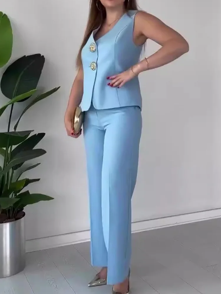 Office V Neck Sleeveless Vest Pants Suits, Women Spring Summer Buttons Elegant Outfit, 2025 Vintage Wide Leg Pants Ladies Sets