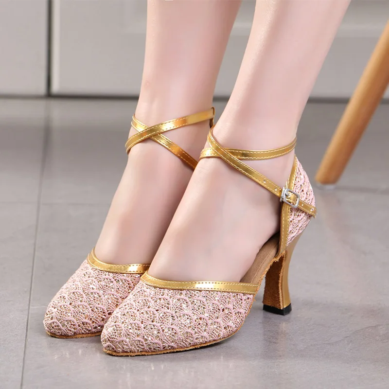 Latin Dance Shoes Women Salsa Tango Ballroom Party Dancing Shoes Pink Lace Wedding Shoes Girls High Heels Closed Toe