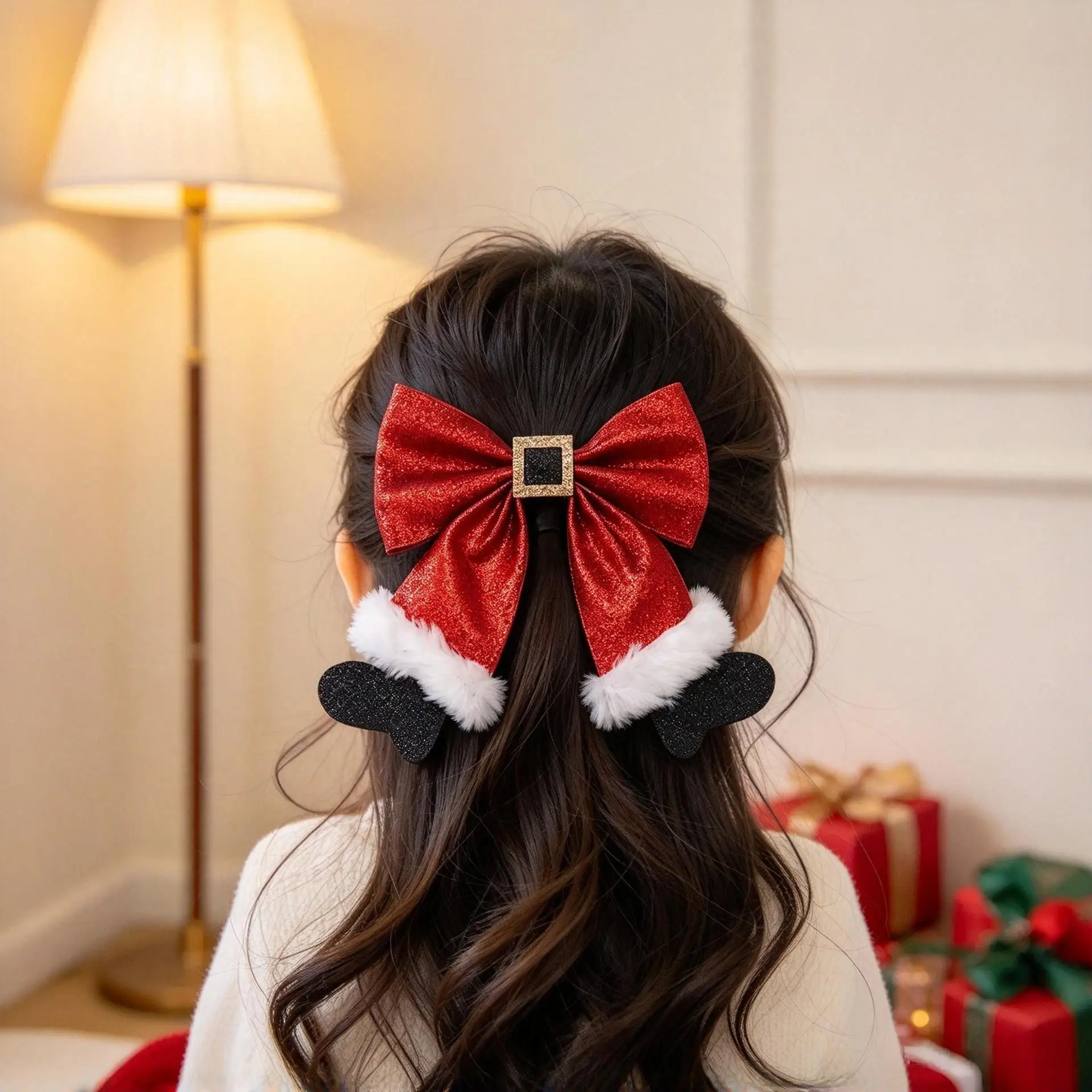 Girls Christmas Bow Hair Clips, Red Glitter Bow with Santa Boot Plush Decor Barrettes, Kids Xmas Party Hair Accessories