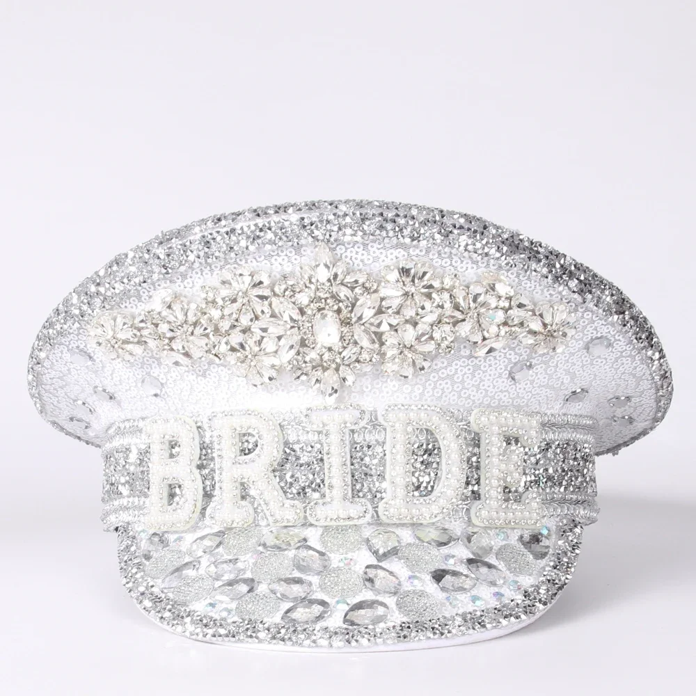 Women Bridal Hat For Queen Bride Military Hat Luxury Rhinestone Sergeant Captain Octagonal Birthday Bachelorette Hen Do Party view 3