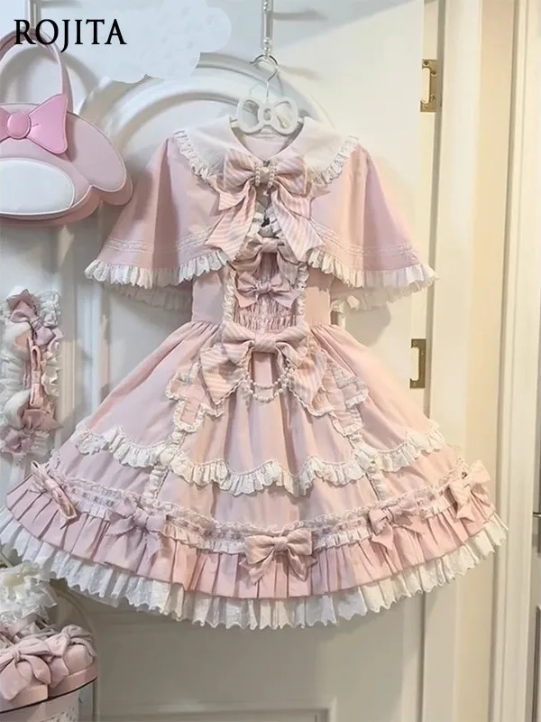 

Pink Cute Doll-Like Lolita Dress for Women JSK Cloak Set Lolita Sweet Girl Princess Dress JSK + Cloak + Bow