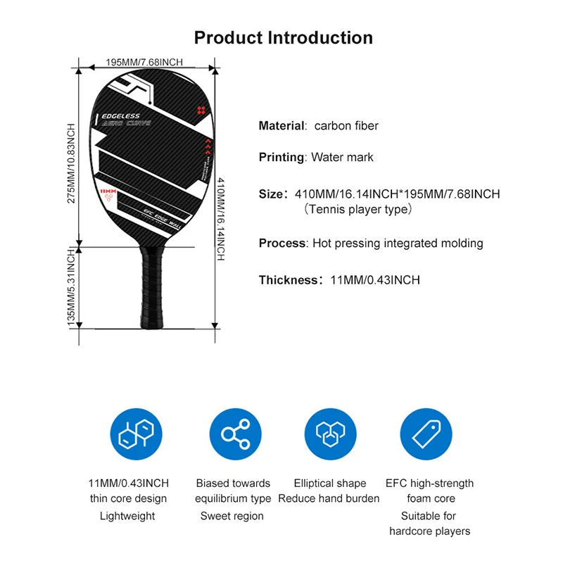 High Quality Lightweight 11MM Thickness Long Grip Hot press Integrated Carbon Fiber Pickleball Paddle