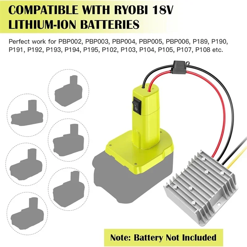 Convertidor Buck de 18V a 12V con interruptor, Terminal de cable de fusible de 30A para adaptador de batería Ryobi de 18V P103 P104 P105 P107 P108
