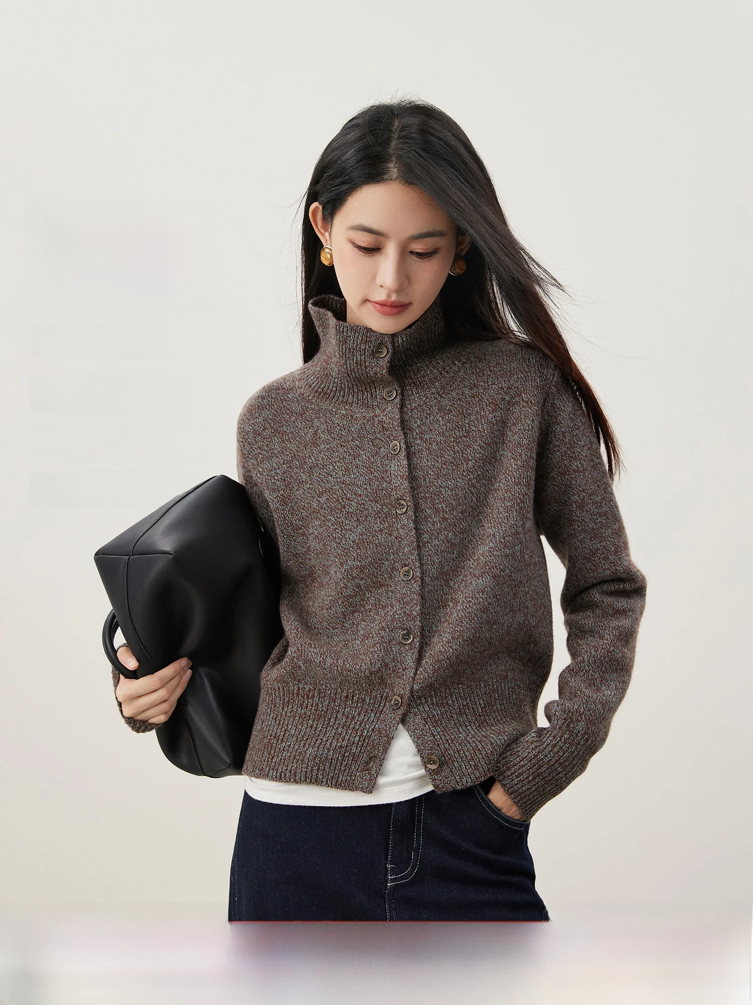 

High-Quali 00% Wool Knitted Cardigan Women's High Collar Open Front Sweater Autumn Winter New Sle Casual Comfortable Soft
