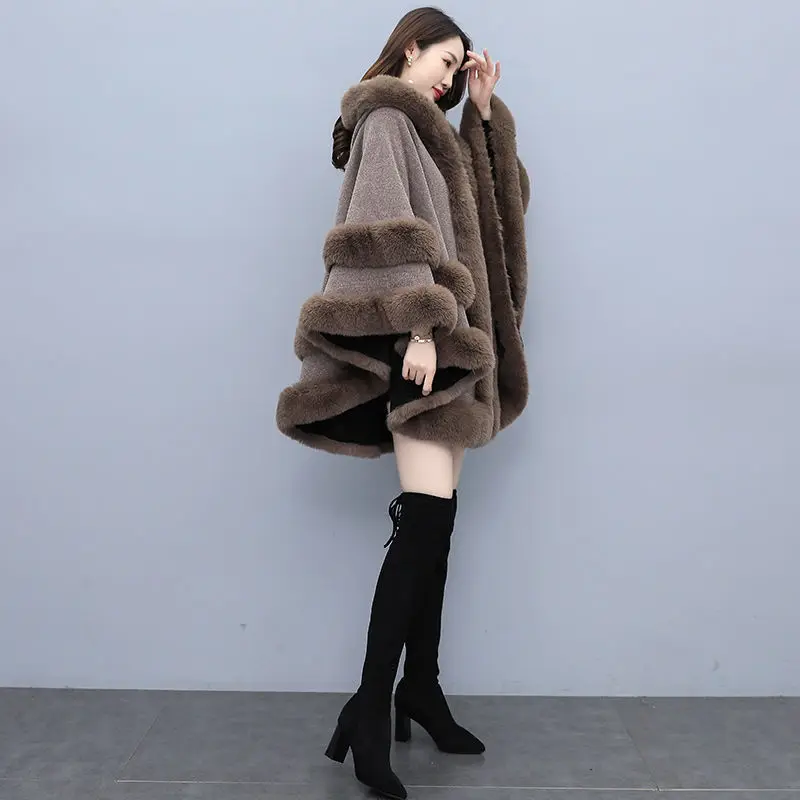 Fashion Faux Rex Rabbit Fur Capes Shawl Long Knit Poncho Coats Wraps  Pashmina Cloak Women Winter New Cape Mujer Casacos E559