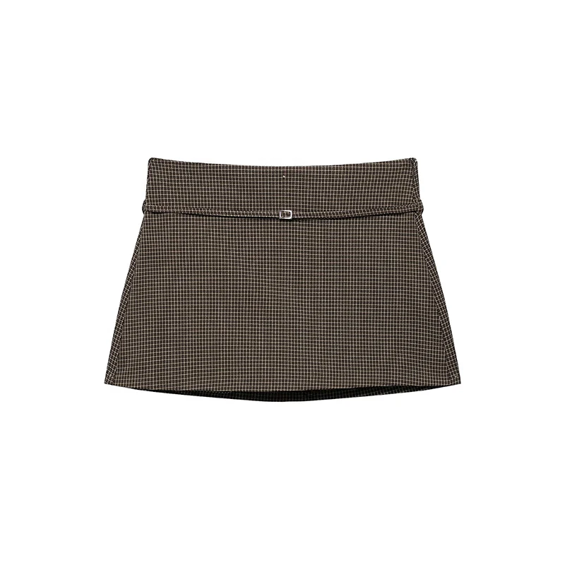  Women Plaid Belted Skort Metal Buckle Belt Decor High Waist A‑Line Shorts Skirts Sexy