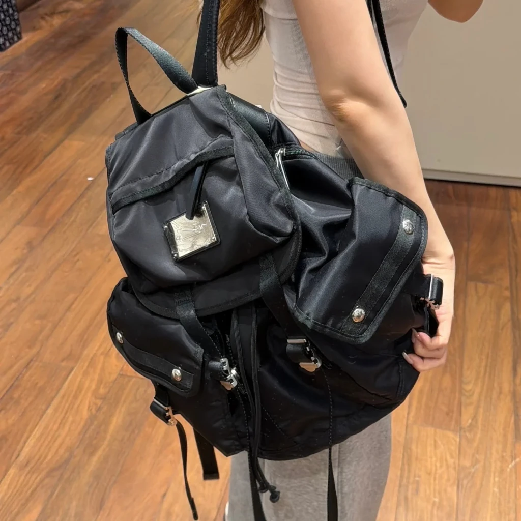 MATIN KIM Nylon Backpack Women Drawstring Buckle Cargo Rucksack Multi Pocket Large Capacity Korean Streetwear Travel Bookbag