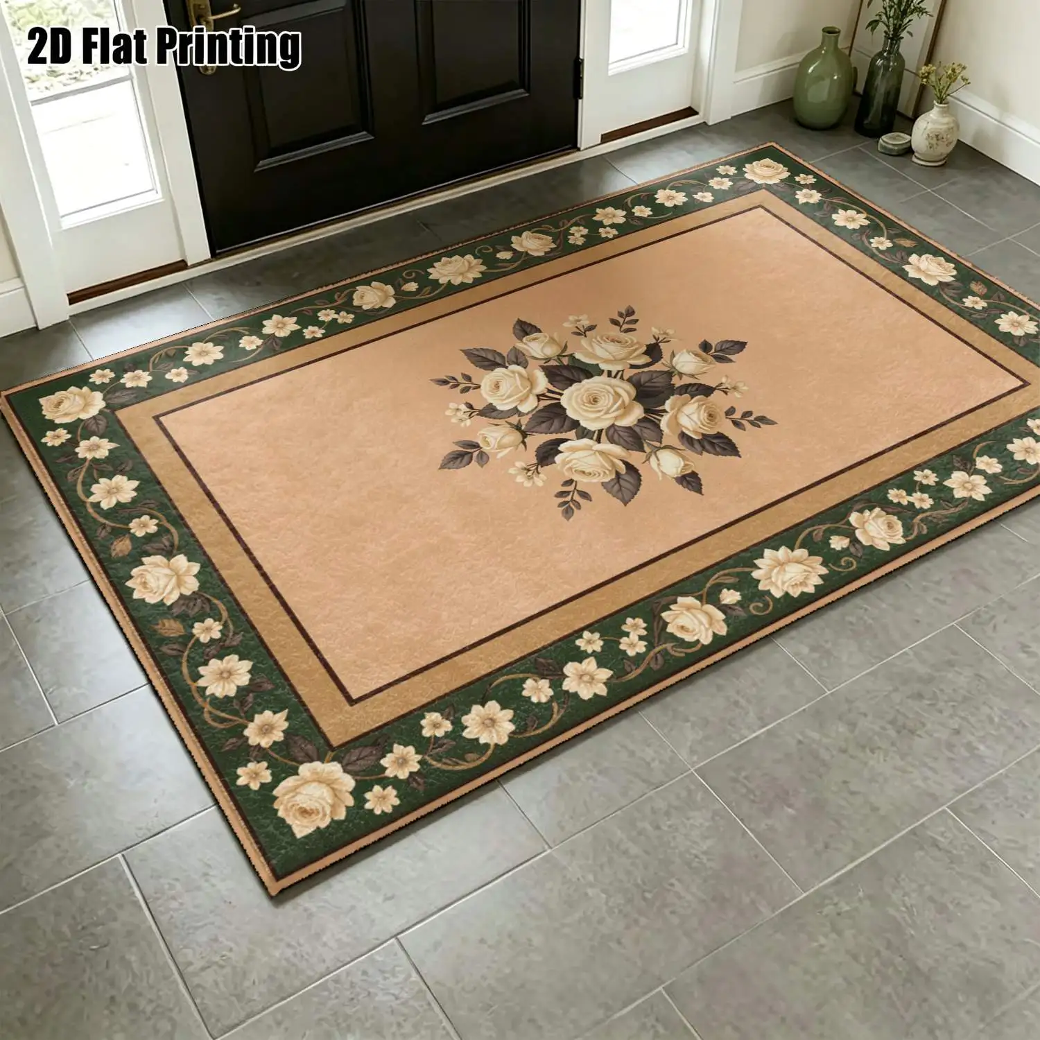 1Pc 2D Printed Cream-White Rose Retro Carpet, European Style Home Decor, Multi-Size Machine Washable Floor Mat