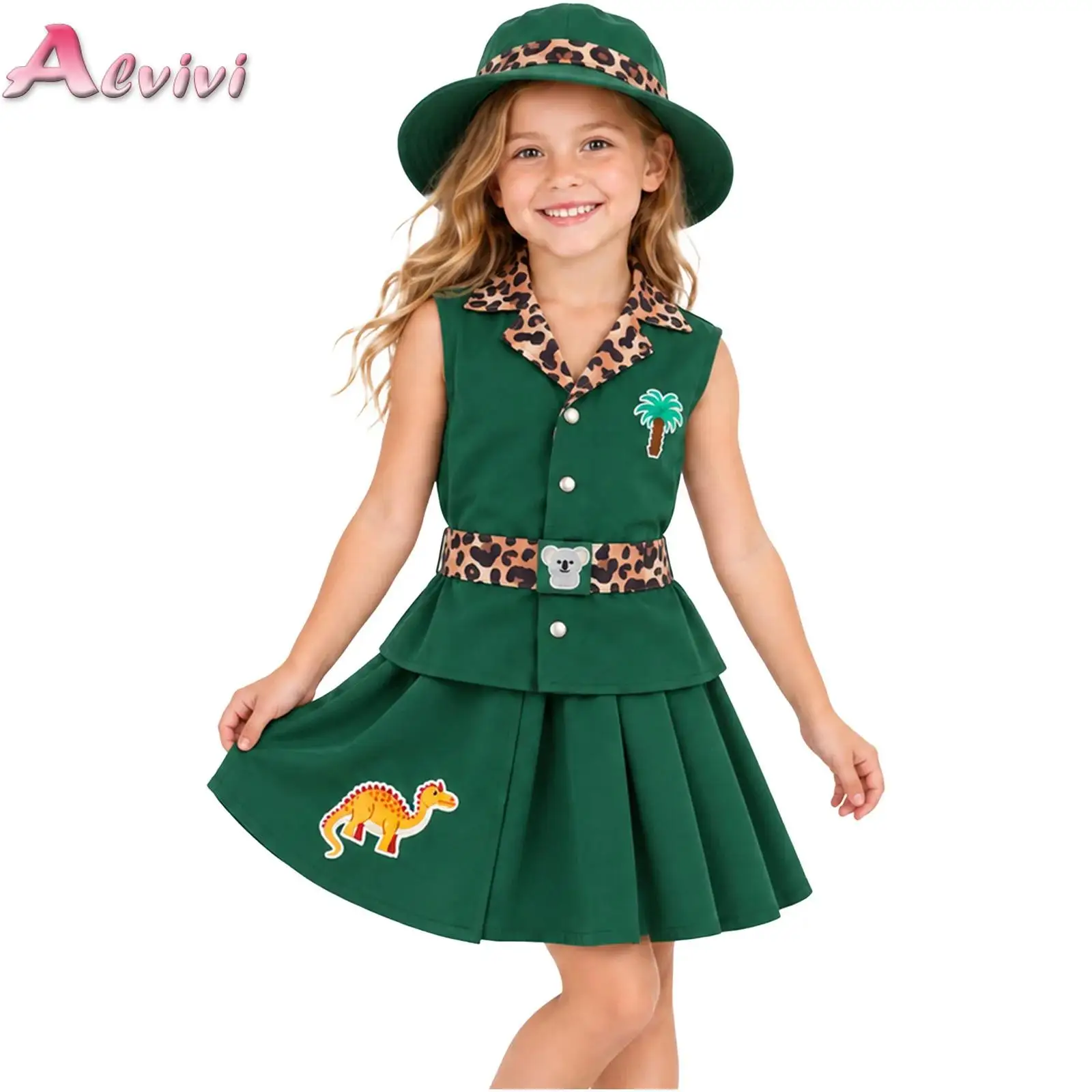 Kids Girls Jungle Explorer Costume Sleeveless Vest with Pleated Skirt and Leopard Print Belt for Festival Parties Outdoor Trips