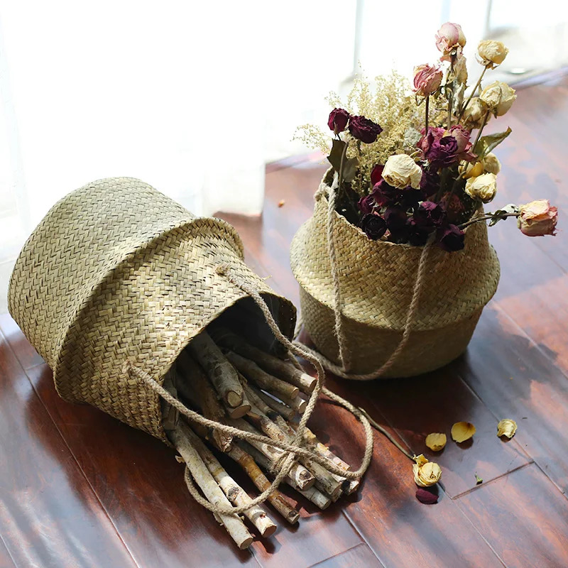 Foldable Hanging Flower Basket with Handle Handmade Seagrass Woven Plant Flowerpot Wicker Home Storage Baskets Garden Pot Decor