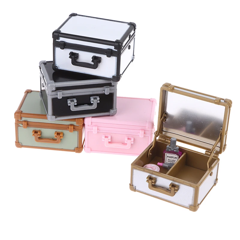 1Set 1:12 Dollhouse Mini Vanity Case Lipstick Perfume Air Cushion Mirror w/Holder Furniture Decor Toy