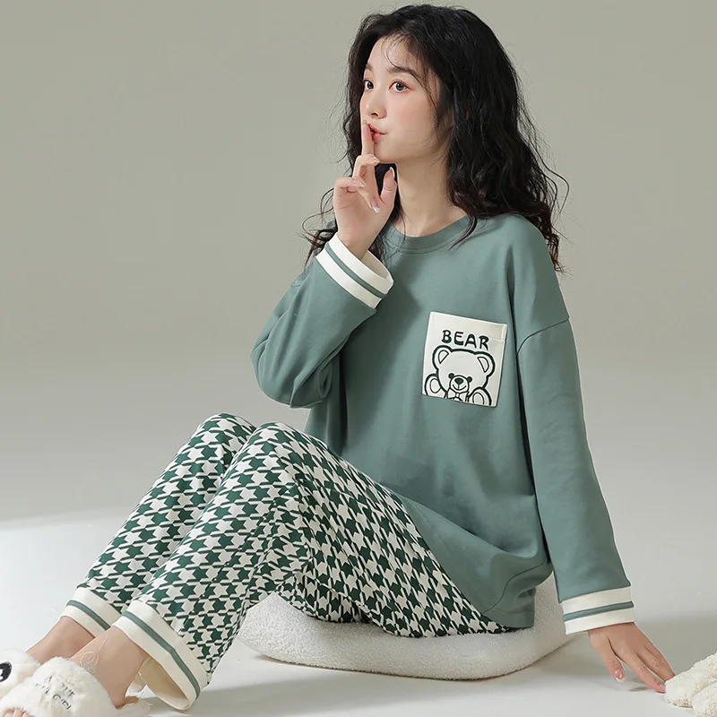 Cotton High-Quality Pyjamas Women Autumn and Winter Long-Sleeved Two-Piece Fresh Mint Green Plaid Loungewear Cartoon Bear Girl