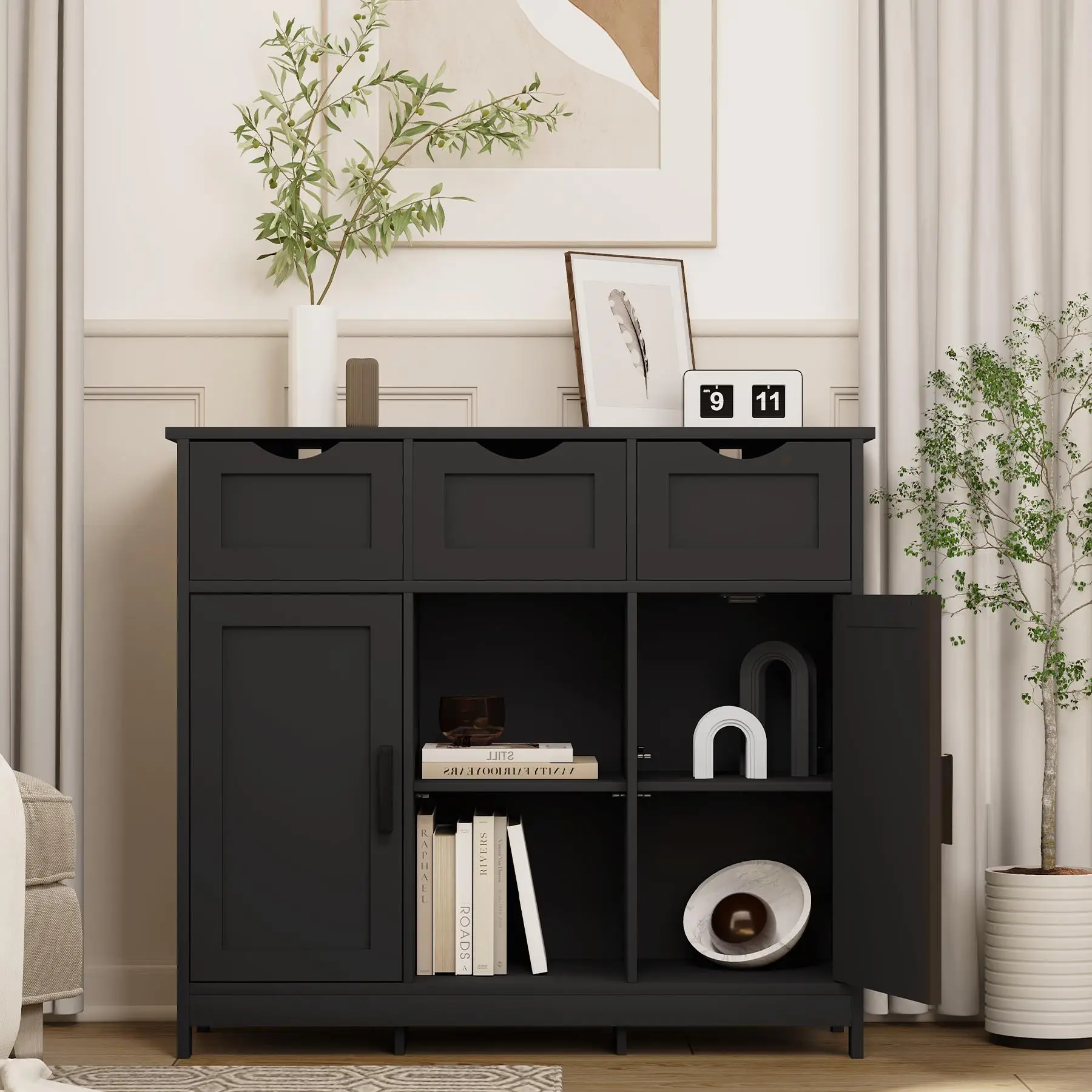 Black Wooden Storage Cabinet with Drawers & Shelves - Stylish Accent Furniture for living Room, Bedroom, Bathroom