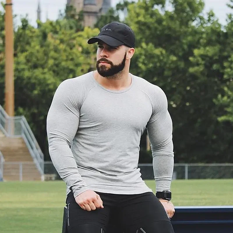 Men\'s Cotton Casual Clothing Male Bodybuilding Gym Fitness Workout Long Sleeve T-Shirt Running Sweatshirt Breathable Tees Tops