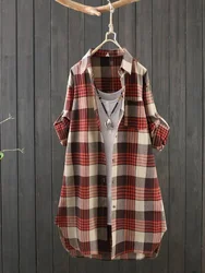 Plus Size Cotton Linen Medium Long Plaid Women Autumn Shirt Vintage Casual Female Shirts Coat Loose Blouse Winter Clothing