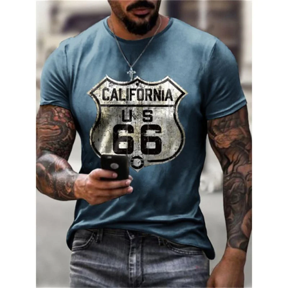 Summer T Shirts Usa America Route 66 Letters 3D Print Cool Men Short Sleeve Oversized T-Shirt Vintage Streetwear Boys Tees Tops