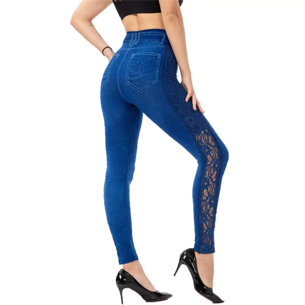 Dünne Bleistift Hosen Hohl Heraus Spitze Decor Faux Denim Sommer Gute Stretch Beschnitten Hosen Streetwear